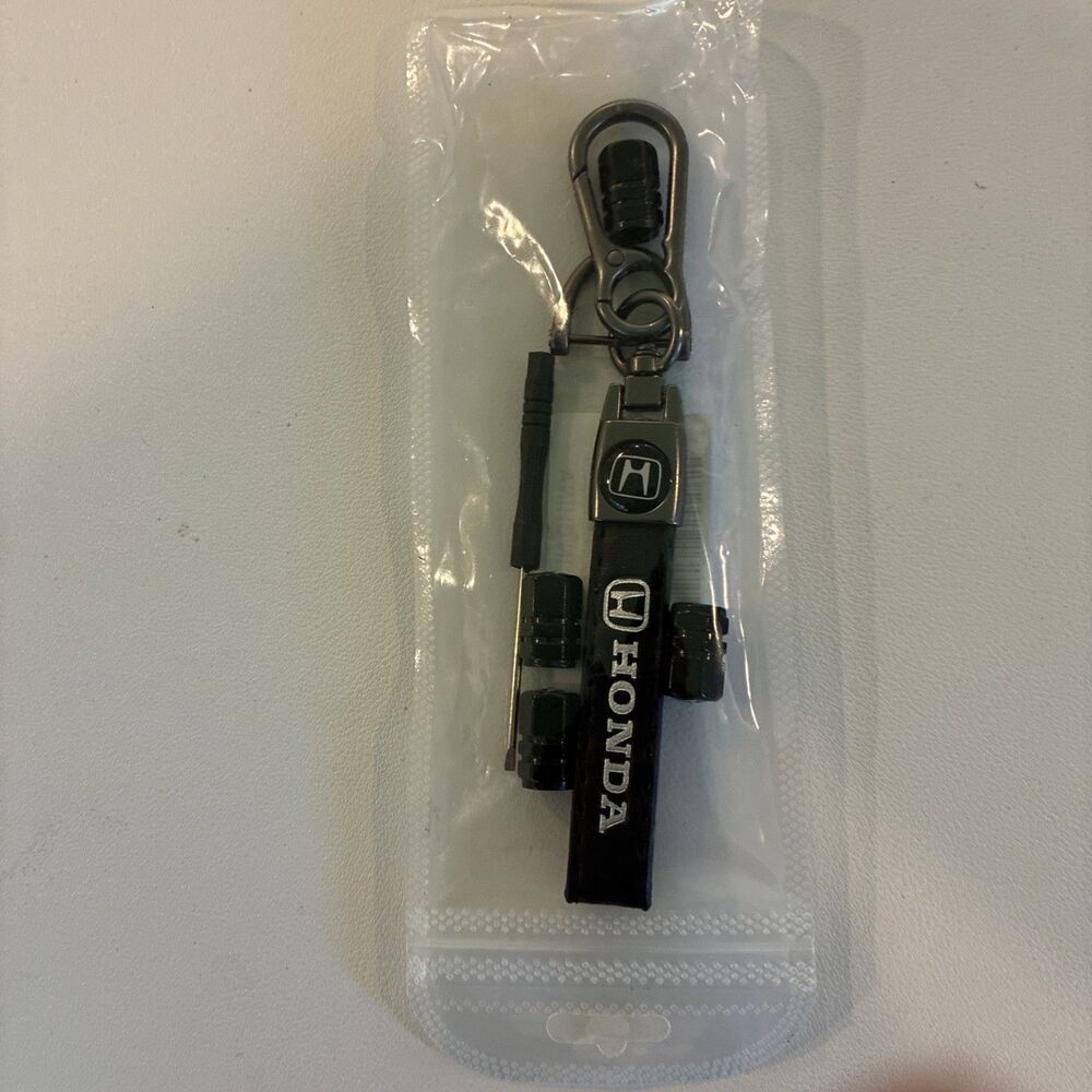 Honda Logo Keychain & 4 Black Tire Valve Stem Caps Set with Screwdriver New
